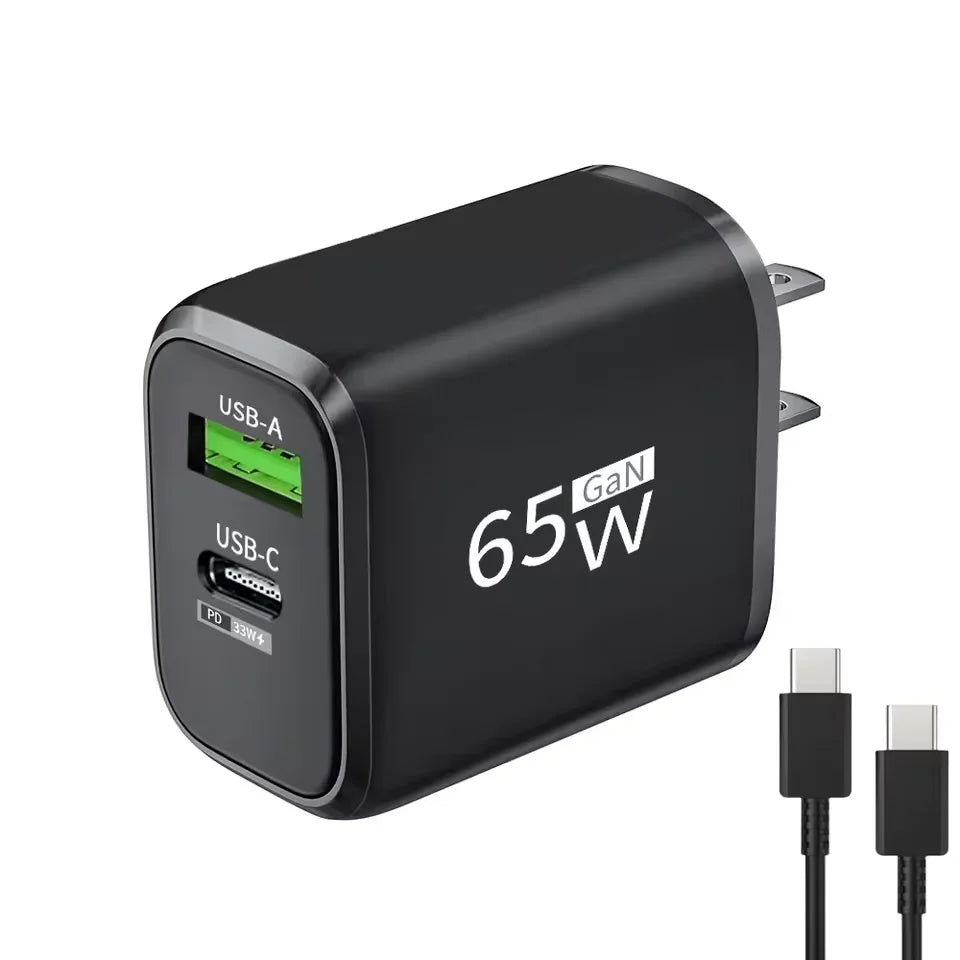 PD 65W GaN 2 In 1 EU/US Plug USB Charger Dual Ports USB Type C Fast Charging Wall Charger Portable Quick Charging Power Adapter