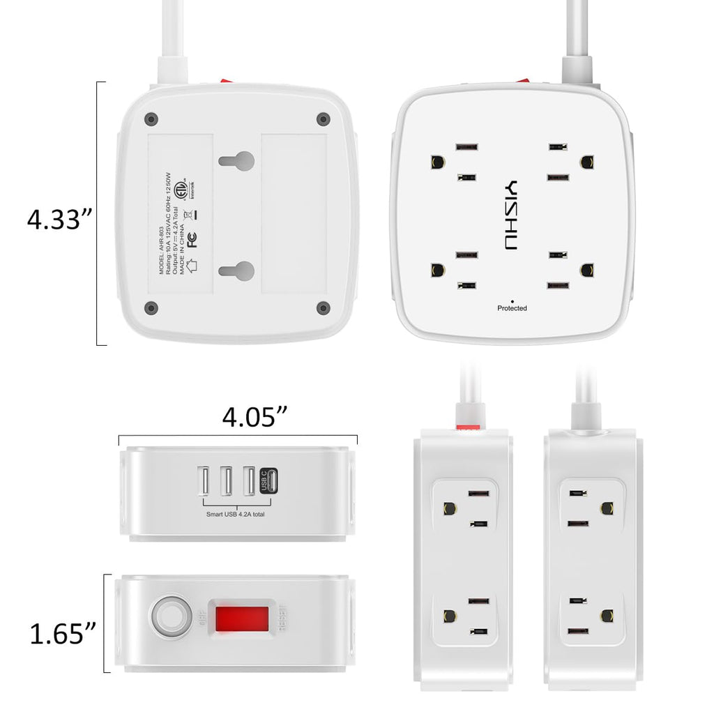 6 Ft Surge Protector Power Strip - 8 Widely Outlets with 4 USB Ports, 3 Side Outlet Extender with 6 Feet Extension Cord, Flat Plug, Wall Mount, Desk USB Charging Station, ETL,White