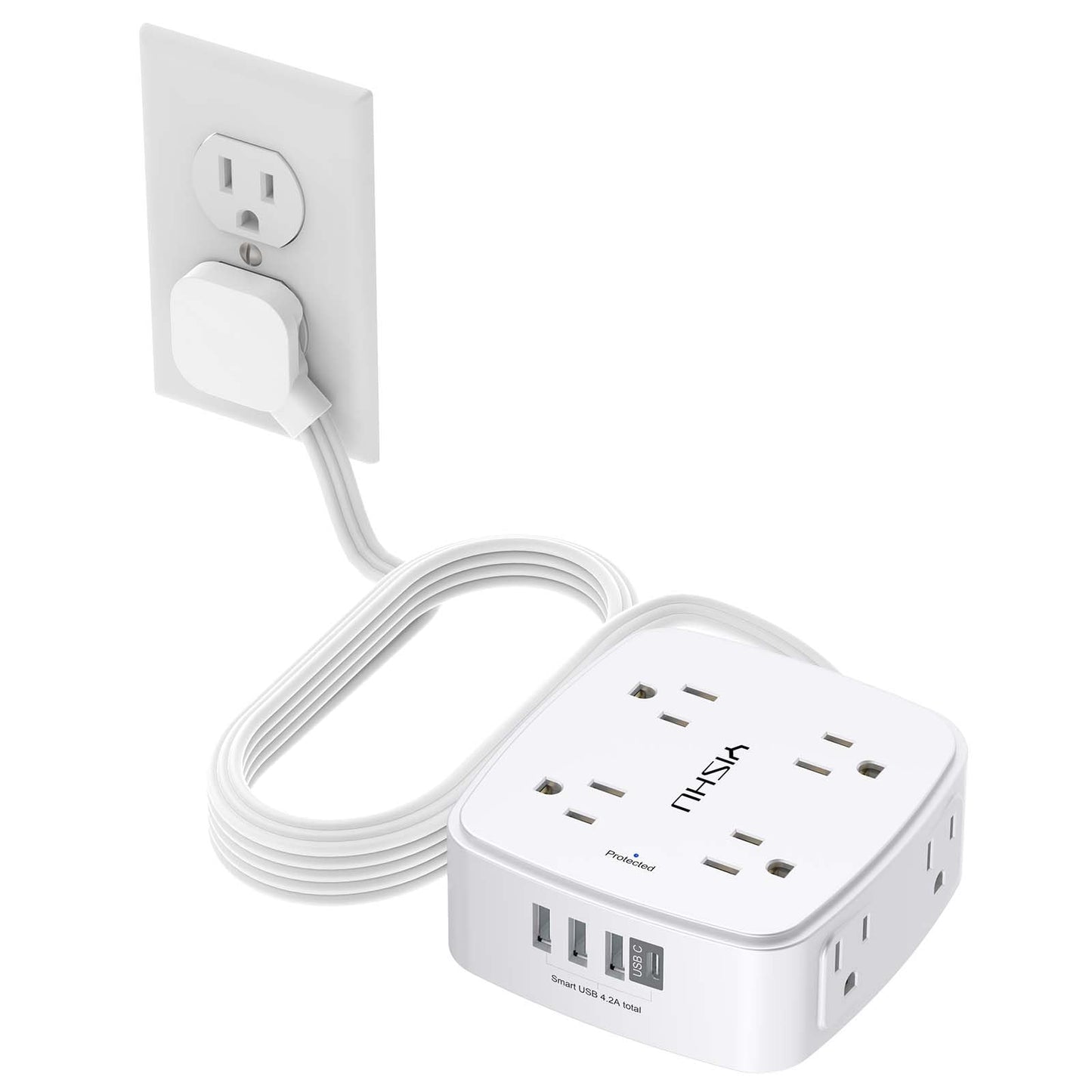 6 Ft Surge Protector Power Strip - 8 Widely Outlets with 4 USB Ports, 3 Side Outlet Extender with 6 Feet Extension Cord, Flat Plug, Wall Mount, Desk USB Charging Station, ETL,White