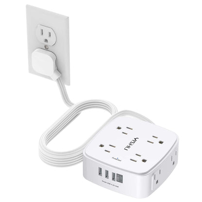 6 Ft Surge Protector Power Strip - 8 Widely Outlets with 4 USB Ports, 3 Side Outlet Extender with 6 Feet Extension Cord, Flat Plug, Wall Mount, Desk USB Charging Station, ETL,White
