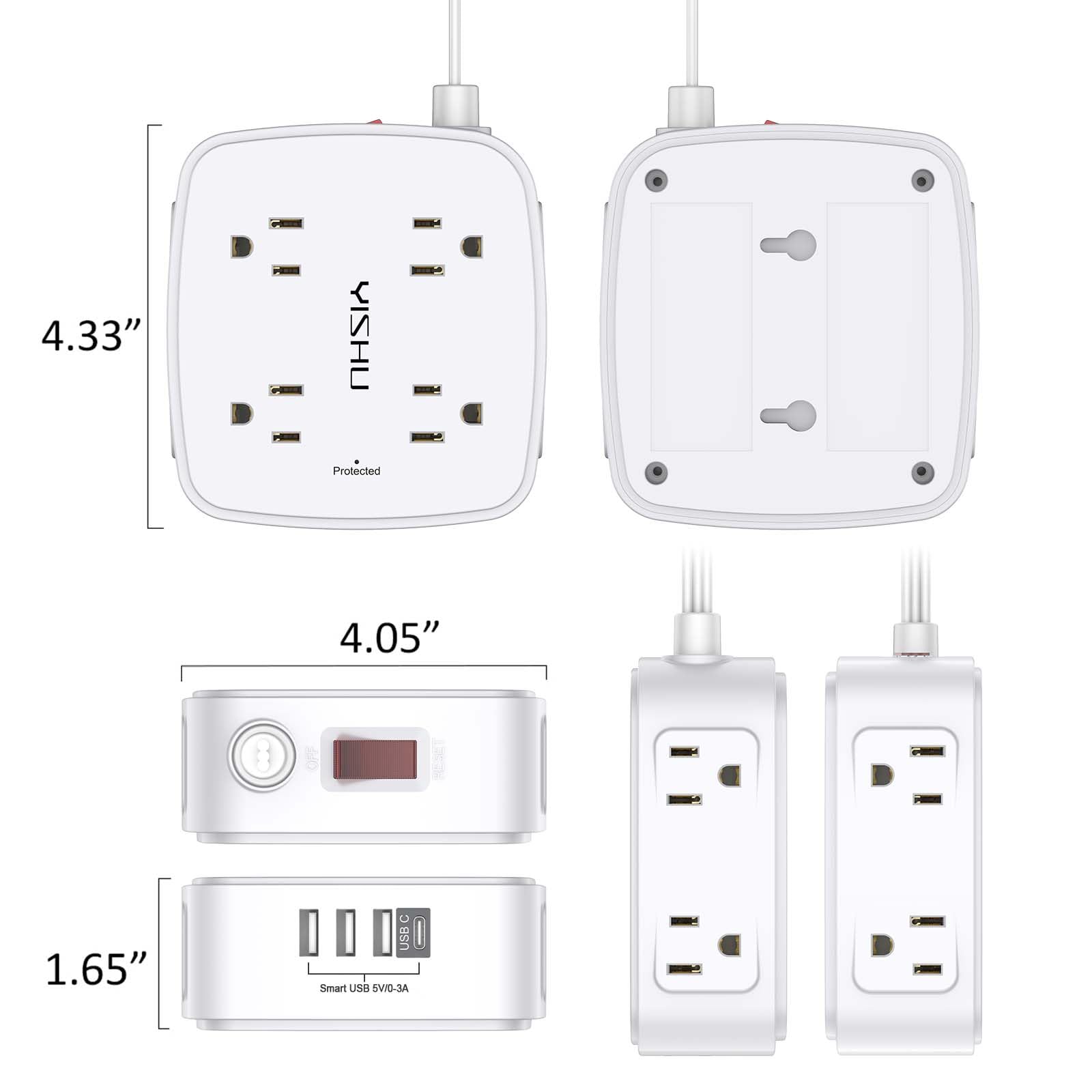 6 Ft Surge Protector Power Strip - 8 Widely Outlets with 4 USB Ports, 3 Side Outlet Extender with 6 Feet Extension Cord, Flat Plug, Wall Mount, Desk USB Charging Station, ETL,White