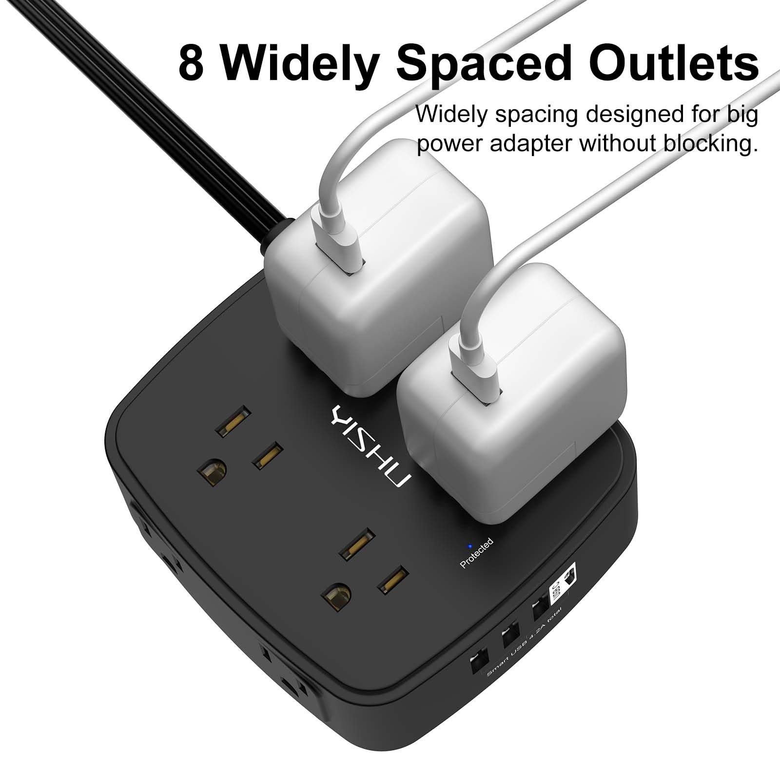 6 Ft Surge Protector Power Strip - 8 Widely Outlets with 4 USB Ports, 3 Side Outlet Extender with 6 Feet Extension Cord, Flat Plug, Wall Mount, Desk USB Charging Station, ETL,White