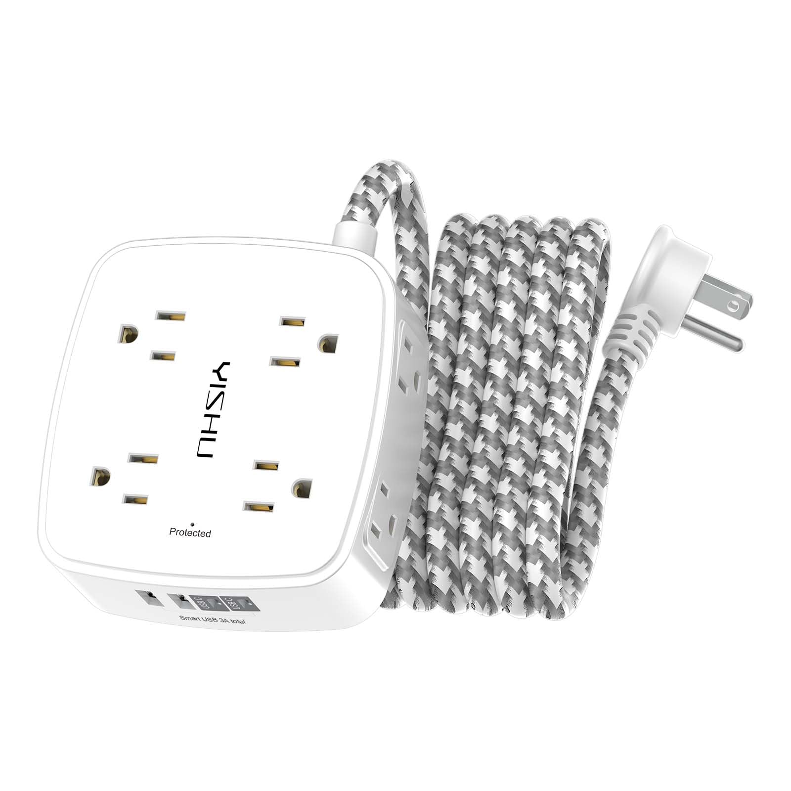 6 Ft Surge Protector Power Strip - 8 Widely Outlets with 4 USB Ports, 3 Side Outlet Extender with 6 Feet Extension Cord, Flat Plug, Wall Mount, Desk USB Charging Station, ETL,White