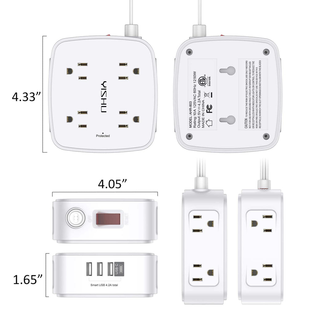 6 Ft Surge Protector Power Strip - 8 Widely Outlets with 4 USB Ports, 3 Side Outlet Extender with 6 Feet Extension Cord, Flat Plug, Wall Mount, Desk USB Charging Station, ETL,White