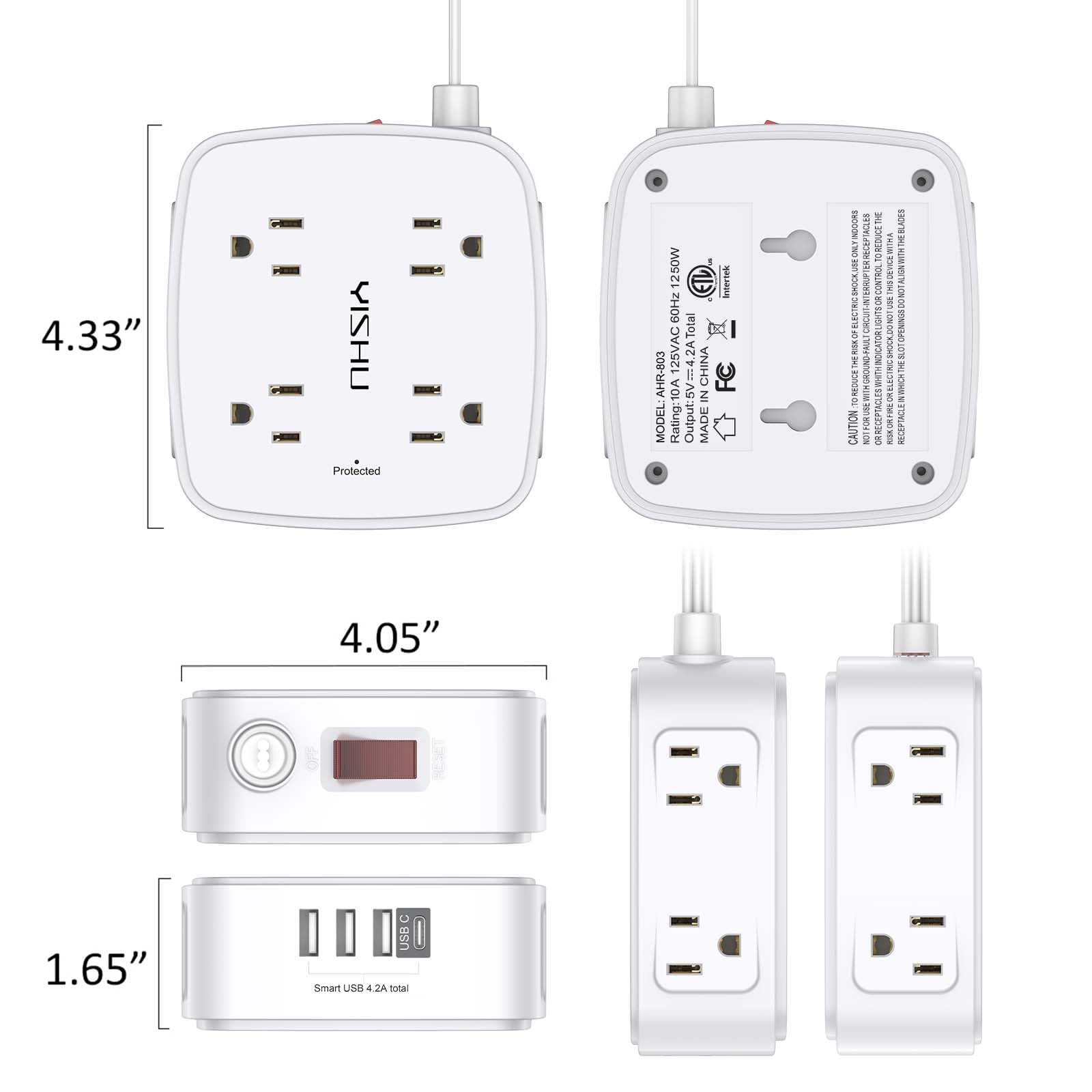 6 Ft Surge Protector Power Strip - 8 Widely Outlets with 4 USB Ports, 3 Side Outlet Extender with 6 Feet Extension Cord, Flat Plug, Wall Mount, Desk USB Charging Station, ETL,White