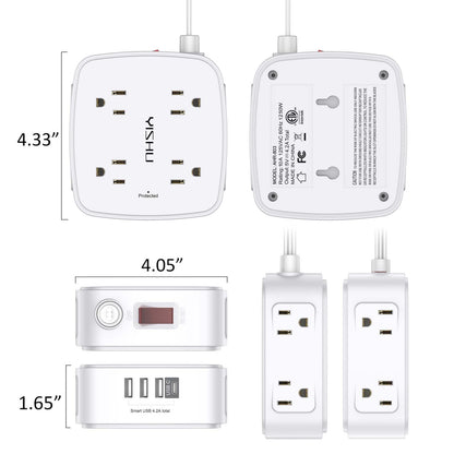 6 Ft Surge Protector Power Strip - 8 Widely Outlets with 4 USB Ports, 3 Side Outlet Extender with 6 Feet Extension Cord, Flat Plug, Wall Mount, Desk USB Charging Station, ETL,White