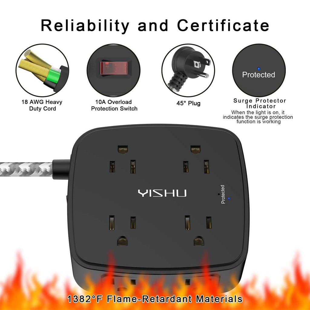 6 Ft Surge Protector Power Strip - 8 Widely Outlets with 4 USB Ports, 3 Side Outlet Extender with 6 Feet Extension Cord, Flat Plug, Wall Mount, Desk USB Charging Station, ETL,White