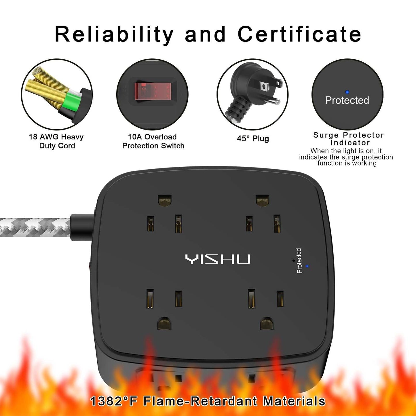 6 Ft Surge Protector Power Strip - 8 Widely Outlets with 4 USB Ports, 3 Side Outlet Extender with 6 Feet Extension Cord, Flat Plug, Wall Mount, Desk USB Charging Station, ETL,White