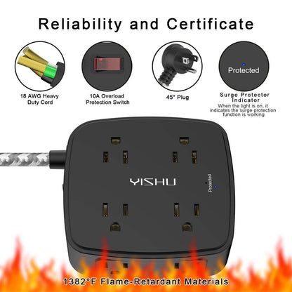 6 Ft Surge Protector Power Strip - 8 Widely Outlets with 4 USB Ports, 3 Side Outlet Extender with 6 Feet Extension Cord, Flat Plug, Wall Mount, Desk USB Charging Station, ETL,White