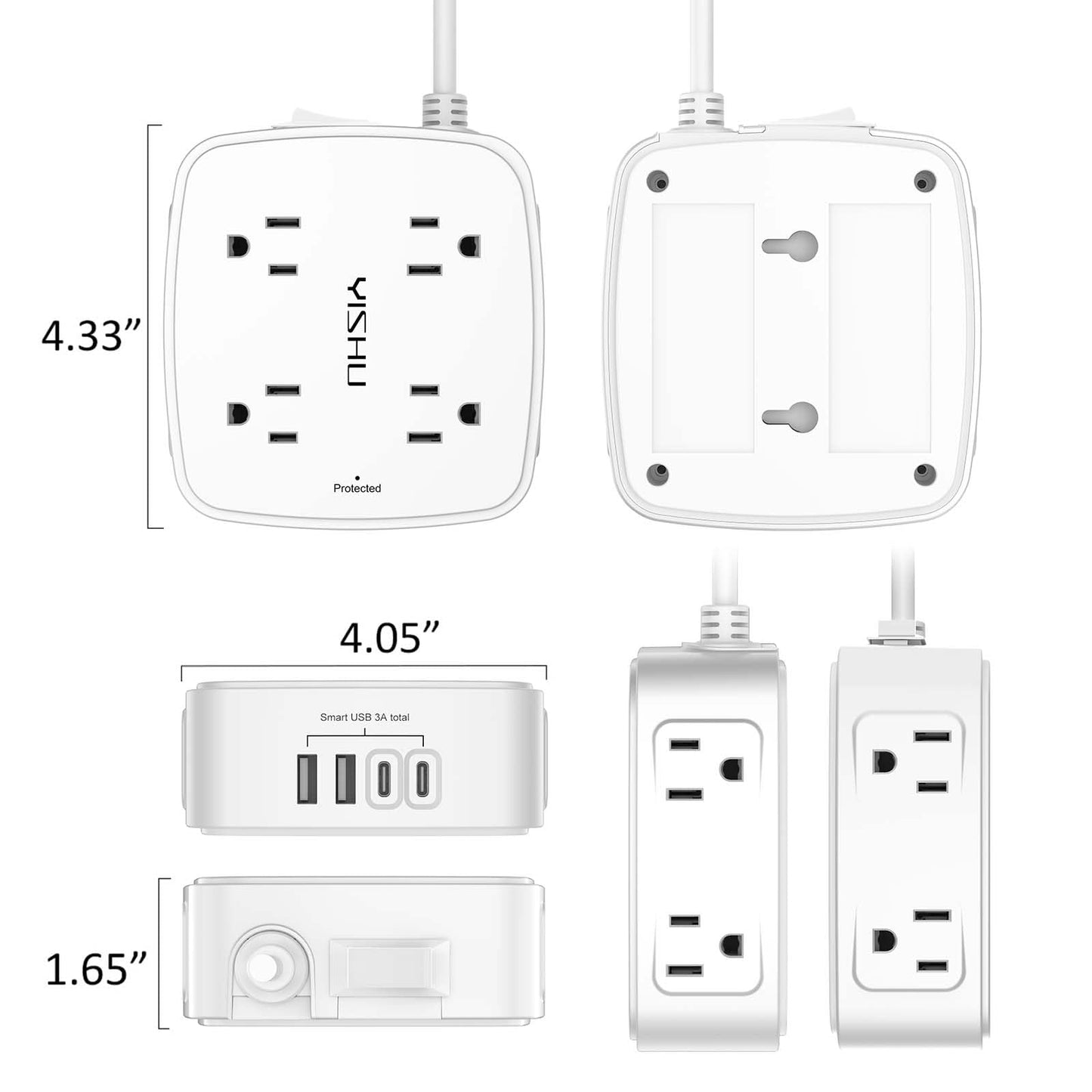 6 Ft Surge Protector Power Strip - 8 Widely Outlets with 4 USB Ports, 3 Side Outlet Extender with 6 Feet Extension Cord, Flat Plug, Wall Mount, Desk USB Charging Station, ETL,White