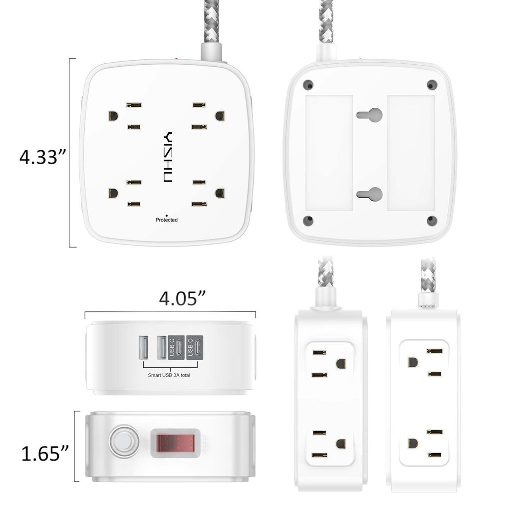 6 Ft Surge Protector Power Strip - 8 Widely Outlets with 4 USB Ports, 3 Side Outlet Extender with 6 Feet Extension Cord, Flat Plug, Wall Mount, Desk USB Charging Station, ETL,White