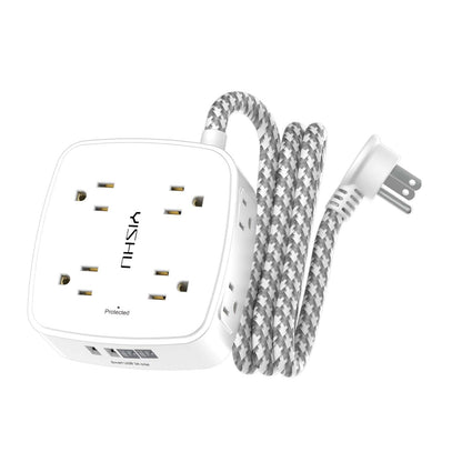 6 Ft Surge Protector Power Strip - 8 Widely Outlets with 4 USB Ports, 3 Side Outlet Extender with 6 Feet Extension Cord, Flat Plug, Wall Mount, Desk USB Charging Station, ETL,White