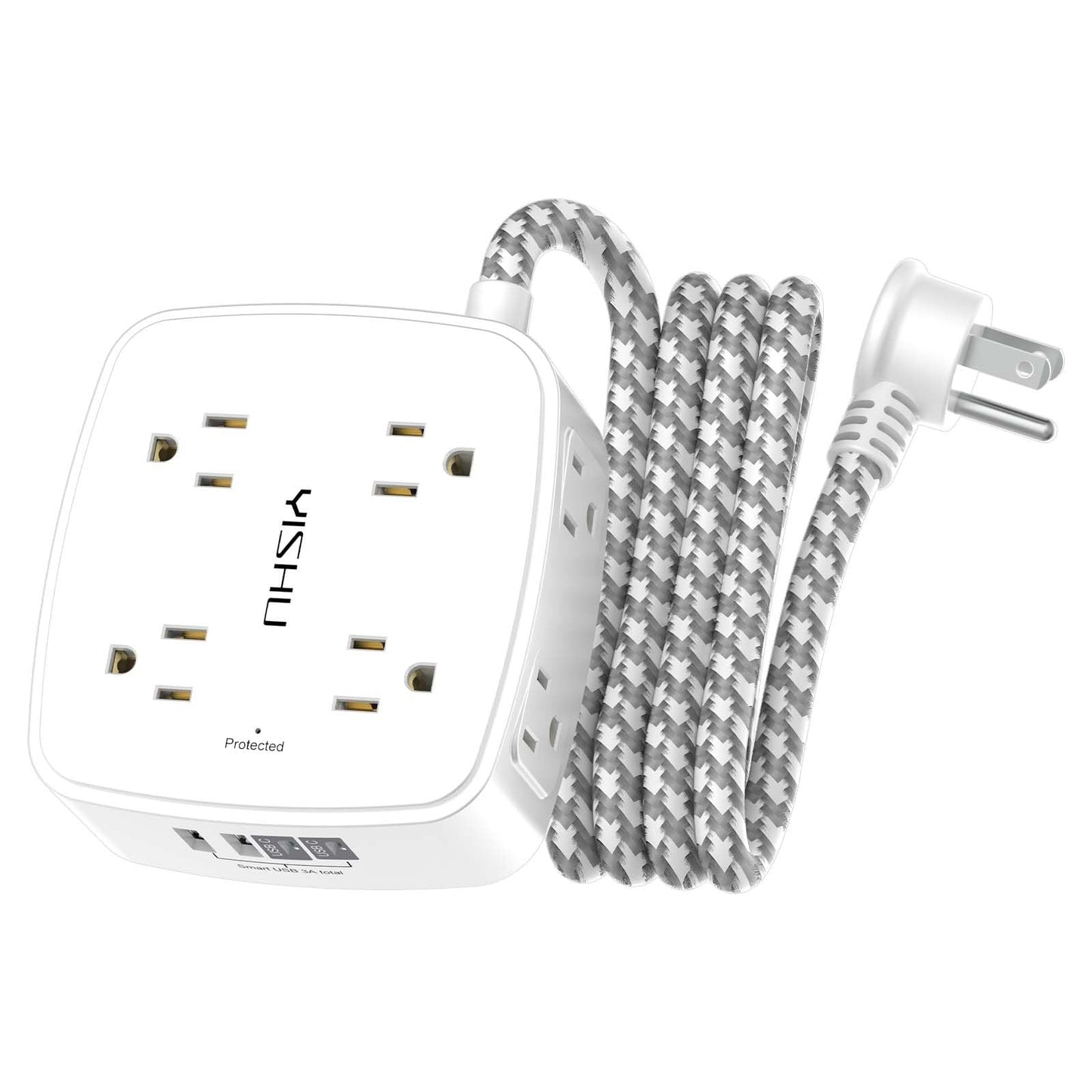 6 Ft Surge Protector Power Strip - 8 Widely Outlets with 4 USB Ports, 3 Side Outlet Extender with 6 Feet Extension Cord, Flat Plug, Wall Mount, Desk USB Charging Station, ETL,White