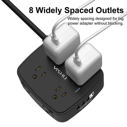 6 Ft Surge Protector Power Strip - 8 Widely Outlets with 4 USB Ports, 3 Side Outlet Extender with 6 Feet Extension Cord, Flat Plug, Wall Mount, Desk USB Charging Station, ETL,White