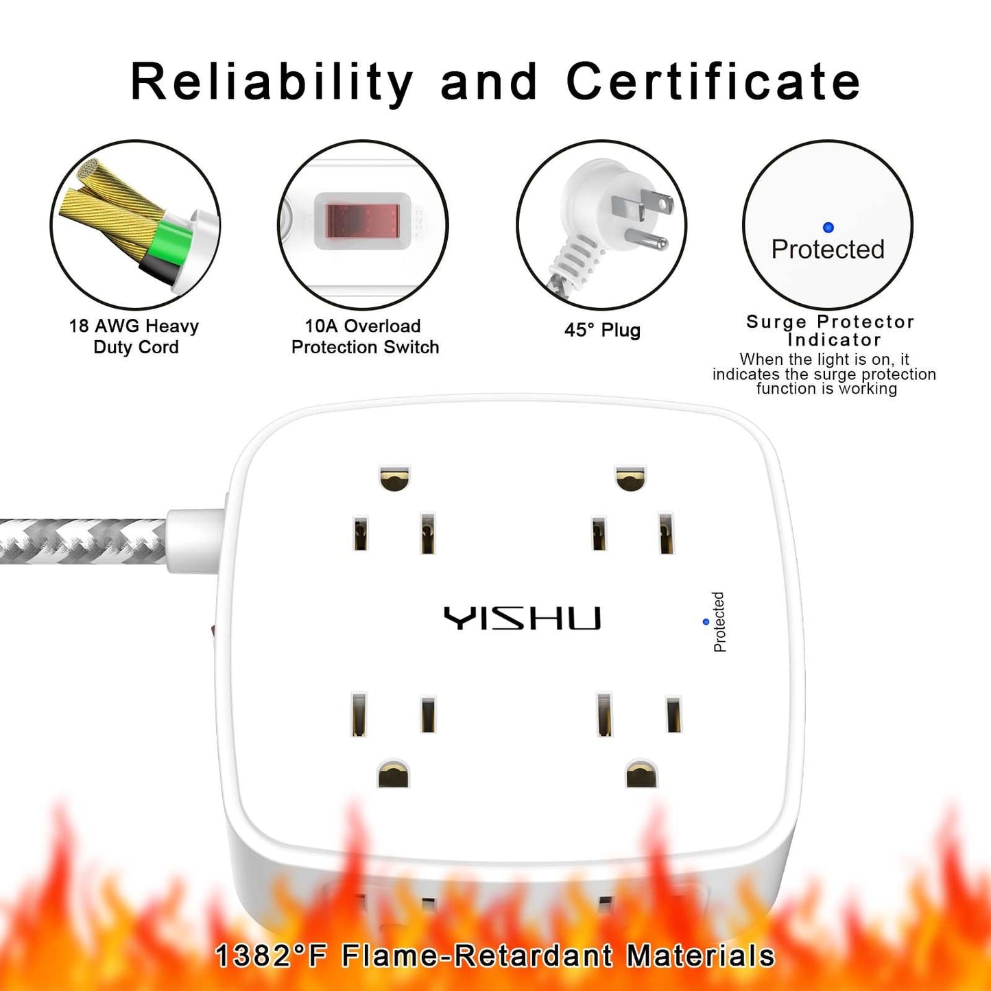 6 Ft Surge Protector Power Strip - 8 Widely Outlets with 4 USB Ports, 3 Side Outlet Extender with 6 Feet Extension Cord, Flat Plug, Wall Mount, Desk USB Charging Station, ETL,White