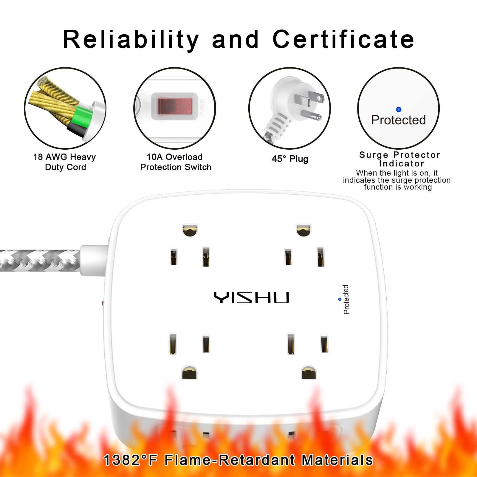 6 Ft Surge Protector Power Strip - 8 Widely Outlets with 4 USB Ports, 3 Side Outlet Extender with 6 Feet Extension Cord, Flat Plug, Wall Mount, Desk USB Charging Station, ETL,White