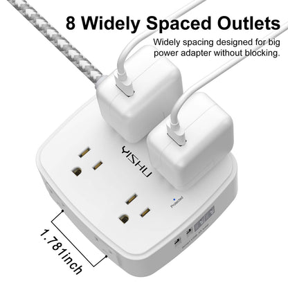 6 Ft Surge Protector Power Strip - 8 Widely Outlets with 4 USB Ports, 3 Side Outlet Extender with 6 Feet Extension Cord, Flat Plug, Wall Mount, Desk USB Charging Station, ETL,White