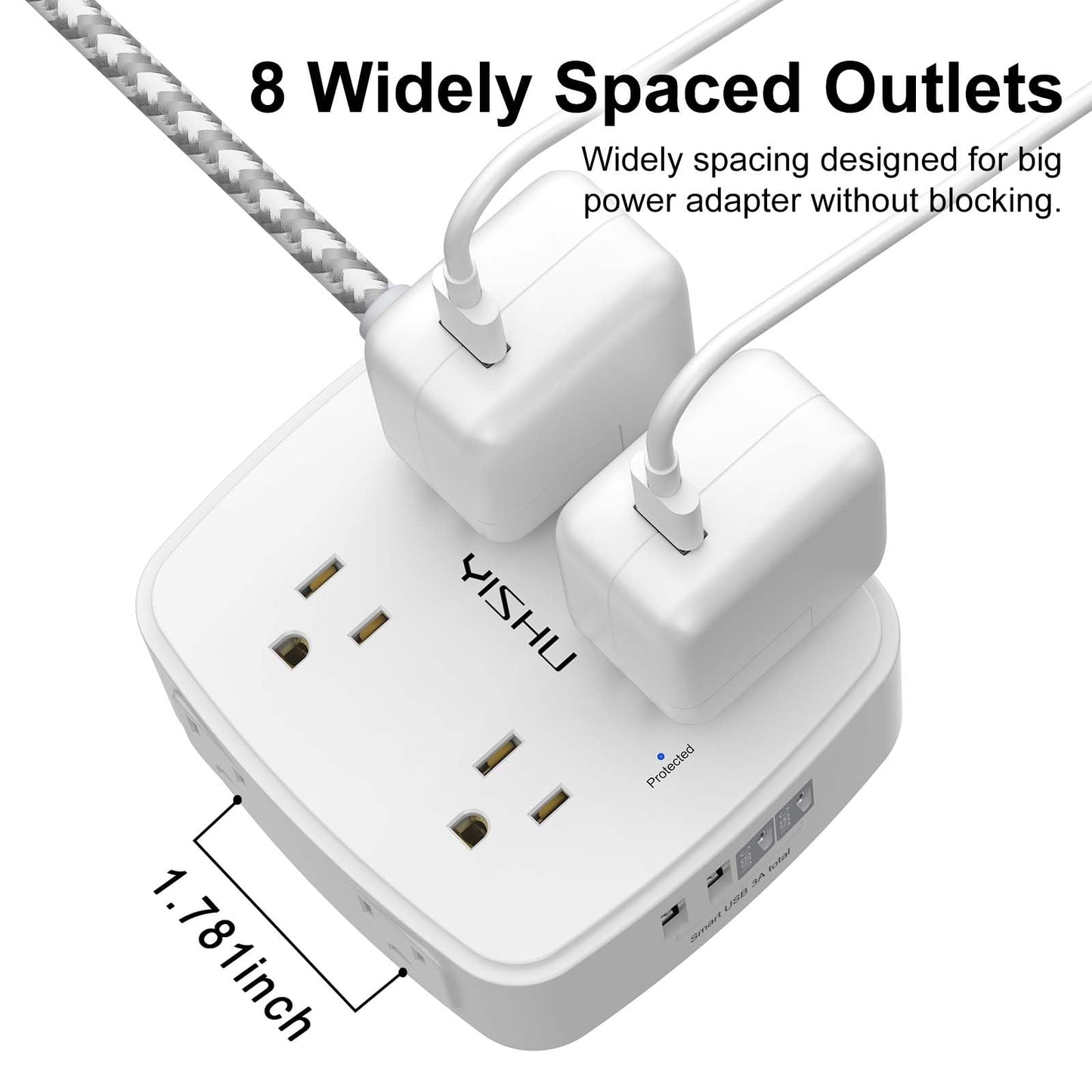 6 Ft Surge Protector Power Strip - 8 Widely Outlets with 4 USB Ports, 3 Side Outlet Extender with 6 Feet Extension Cord, Flat Plug, Wall Mount, Desk USB Charging Station, ETL,White
