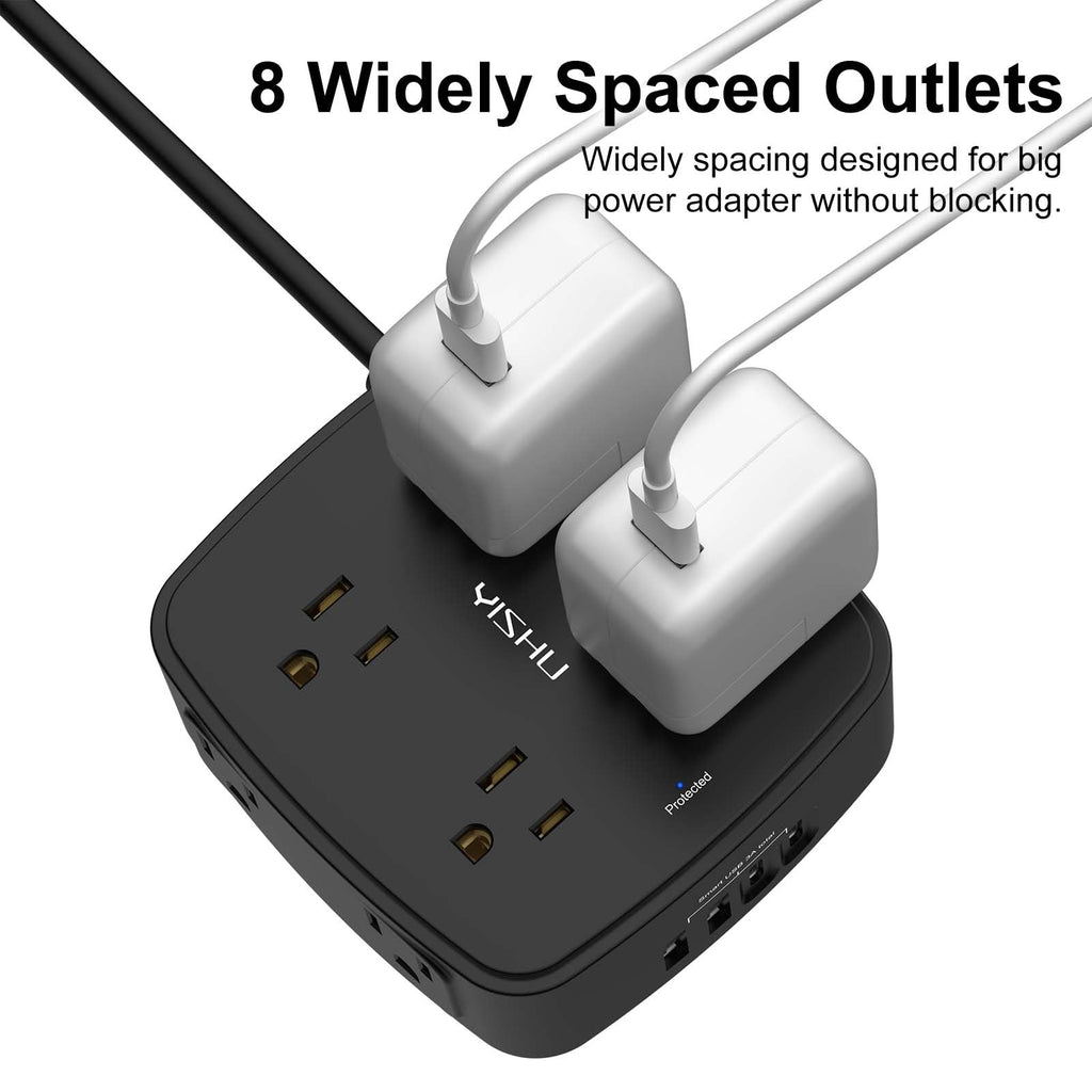 6 Ft Surge Protector Power Strip - 8 Widely Outlets with 4 USB Ports, 3 Side Outlet Extender with 6 Feet Extension Cord, Flat Plug, Wall Mount, Desk USB Charging Station, ETL,White