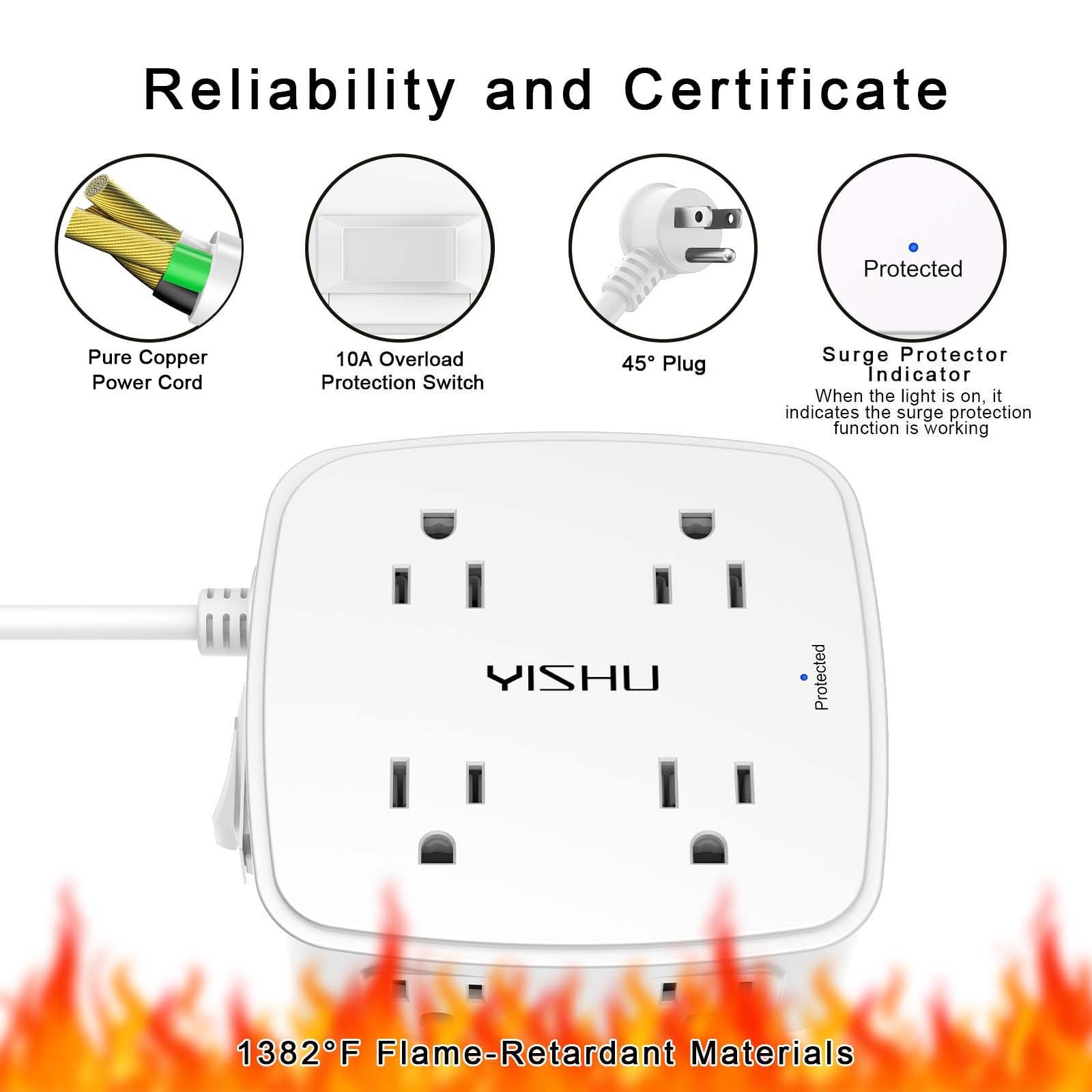 6 Ft Surge Protector Power Strip - 8 Widely Outlets with 4 USB Ports, 3 Side Outlet Extender with 6 Feet Extension Cord, Flat Plug, Wall Mount, Desk USB Charging Station, ETL,White