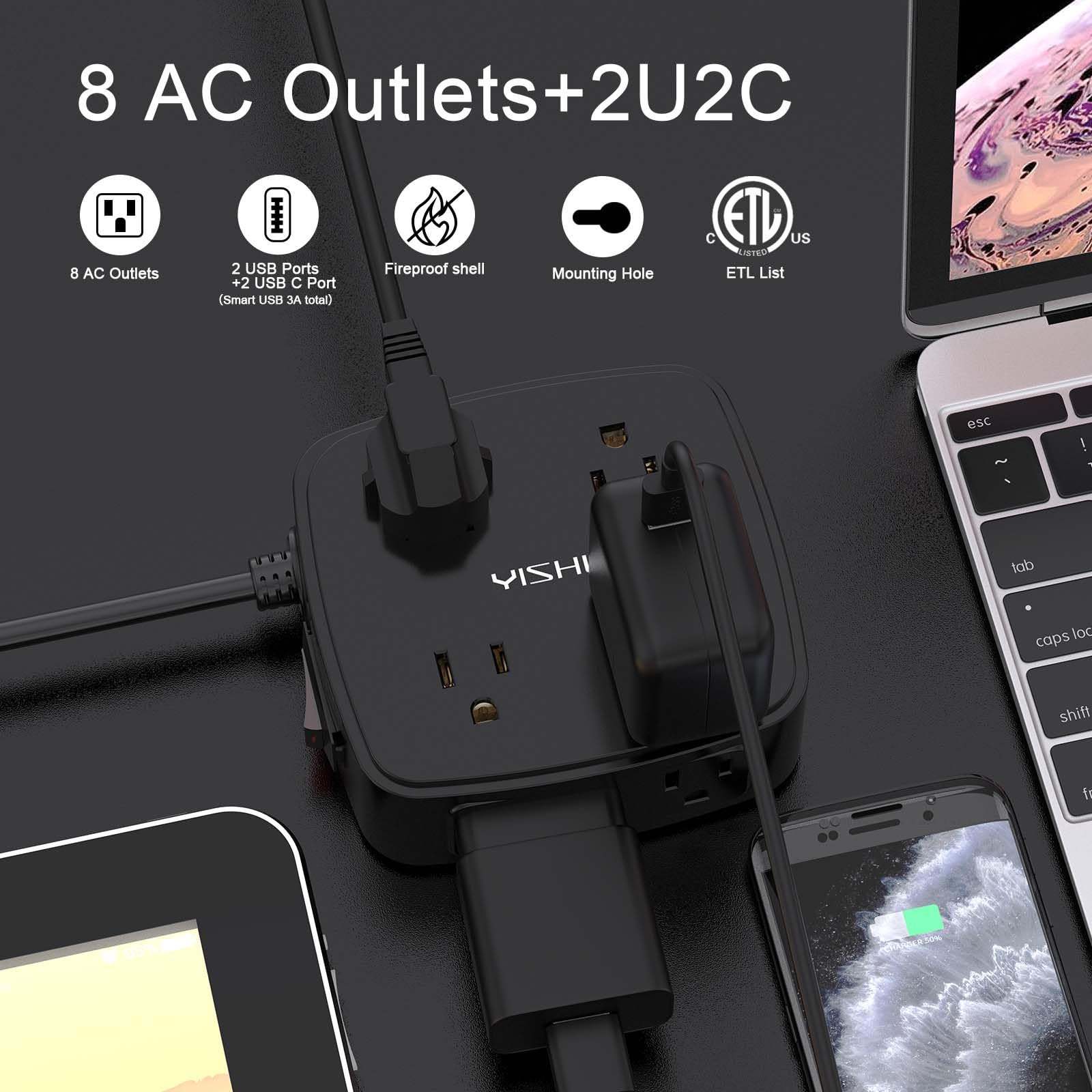 6 Ft Surge Protector Power Strip - 8 Widely Outlets with 4 USB Ports, 3 Side Outlet Extender with 6 Feet Extension Cord, Flat Plug, Wall Mount, Desk USB Charging Station, ETL,White