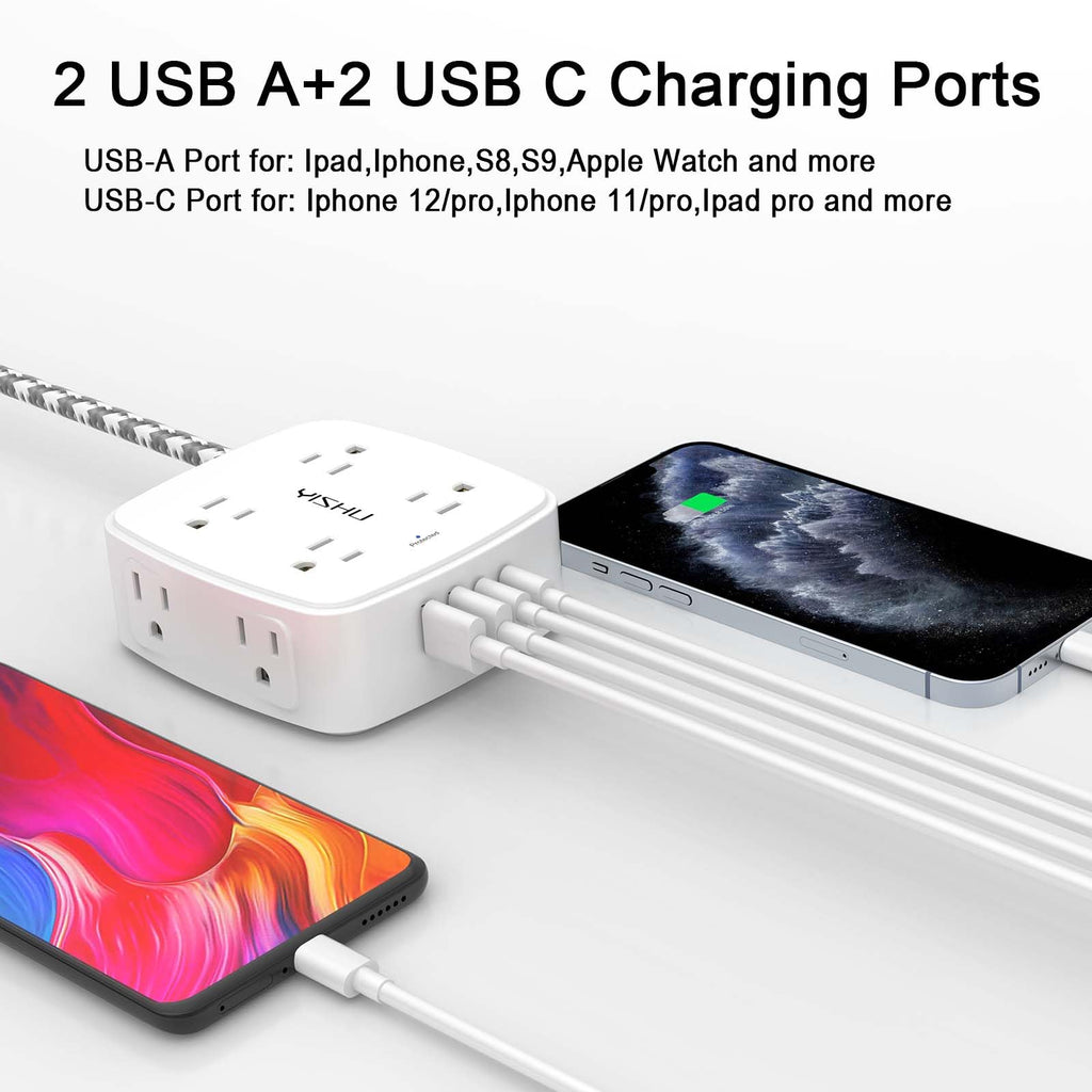 6 Ft Surge Protector Power Strip - 8 Widely Outlets with 4 USB Ports, 3 Side Outlet Extender with 6 Feet Extension Cord, Flat Plug, Wall Mount, Desk USB Charging Station, ETL,White