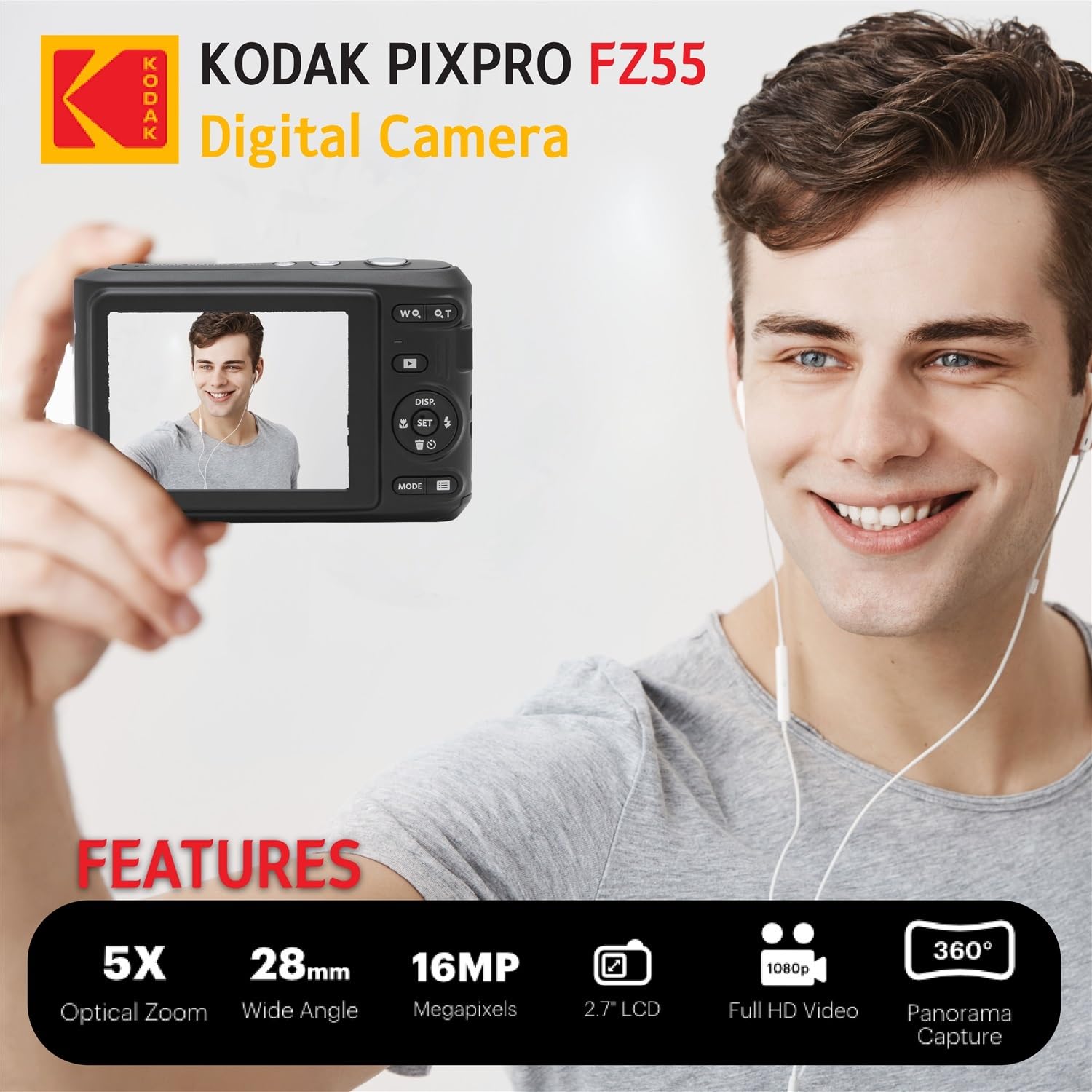 KODAK PIXPRO FZ55 16MP Digital Point & Shoot Camera, 5X Optical Zoom, 28mm Wide Angle, 1080P Full HD Video, Bundle with 32GB SD Card, Protective Case, and Hi-Speed Card Reader (Black)