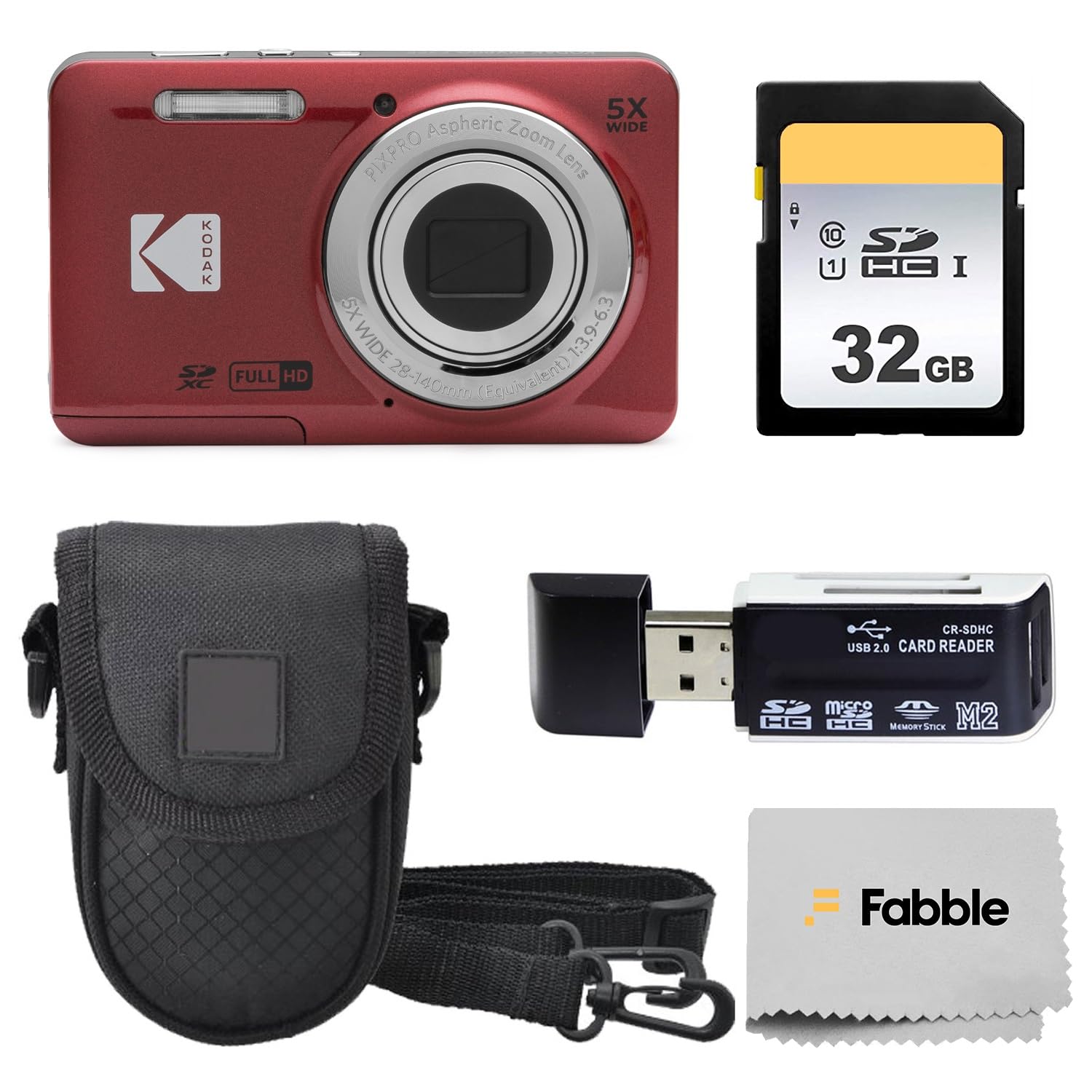 KODAK PIXPRO FZ55 16MP Digital Point & Shoot Camera, 5X Optical Zoom, 28mm Wide Angle, 1080P Full HD Video, Bundle with 32GB SD Card, Protective Case, and Hi-Speed Card Reader (Black)