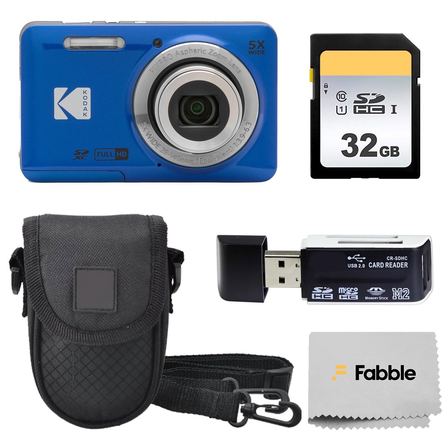 KODAK PIXPRO FZ55 16MP Digital Point & Shoot Camera, 5X Optical Zoom, 28mm Wide Angle, 1080P Full HD Video, Bundle with 32GB SD Card, Protective Case, and Hi-Speed Card Reader (Black)
