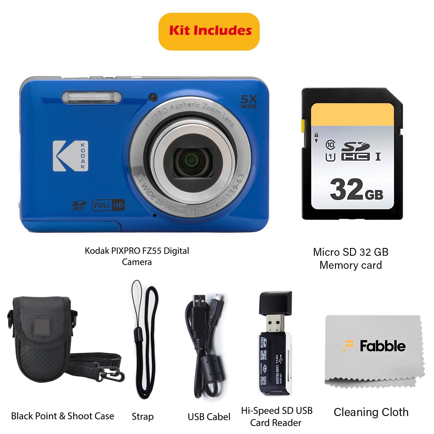 KODAK PIXPRO FZ55 16MP Digital Point & Shoot Camera, 5X Optical Zoom, 28mm Wide Angle, 1080P Full HD Video, Bundle with 32GB SD Card, Protective Case, and Hi-Speed Card Reader (Black)