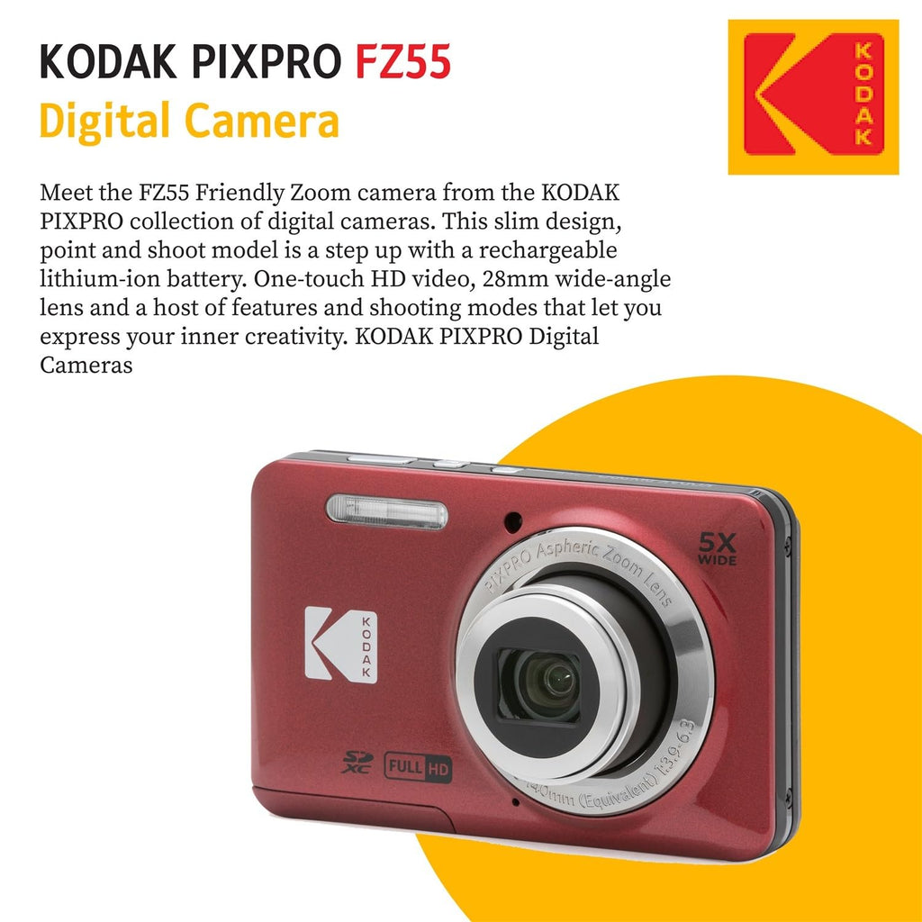 KODAK PIXPRO FZ55 16MP Digital Point & Shoot Camera, 5X Optical Zoom, 28mm Wide Angle, 1080P Full HD Video, Bundle with 32GB SD Card, Protective Case, and Hi-Speed Card Reader (Black)