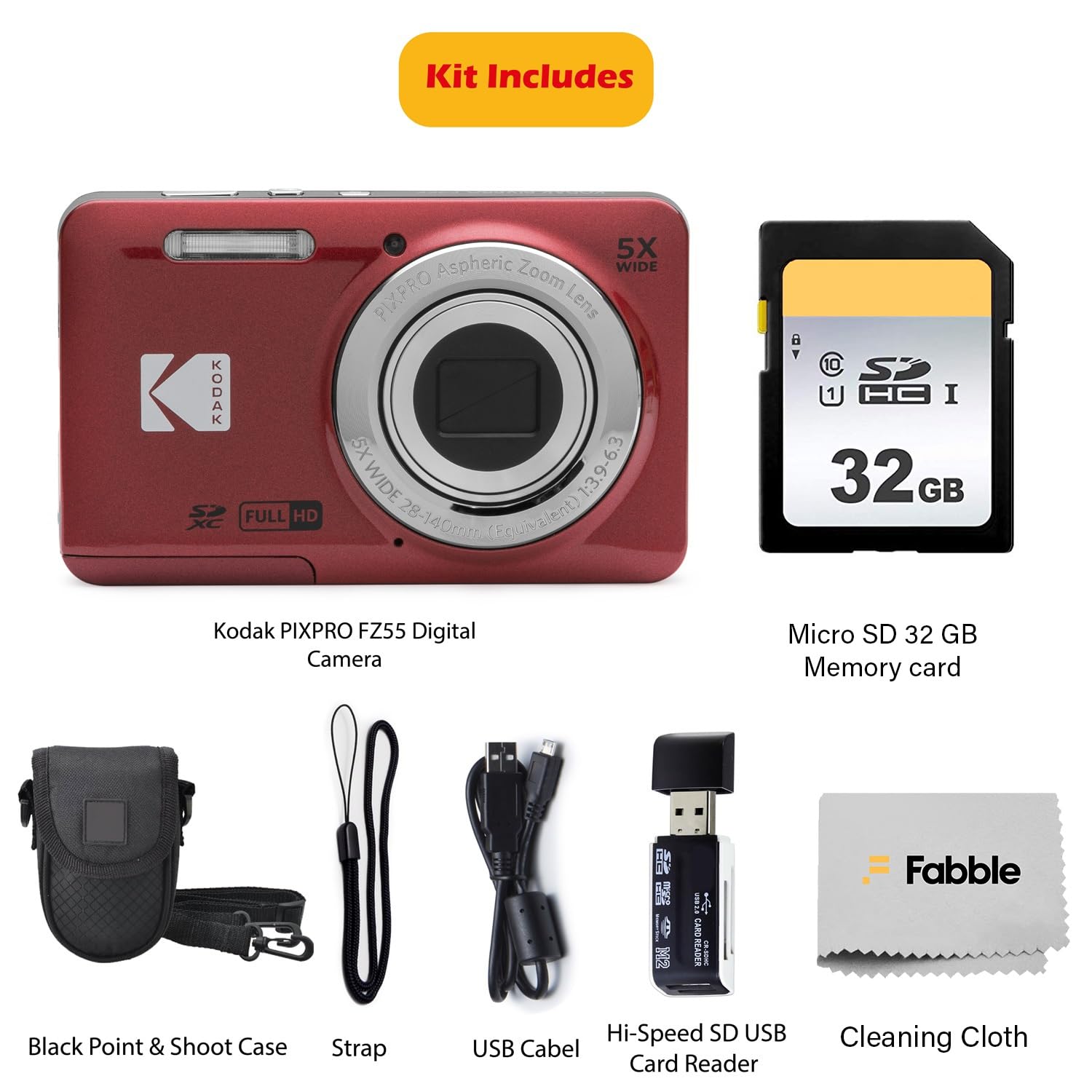 KODAK PIXPRO FZ55 16MP Digital Point & Shoot Camera, 5X Optical Zoom, 28mm Wide Angle, 1080P Full HD Video, Bundle with 32GB SD Card, Protective Case, and Hi-Speed Card Reader (Black)