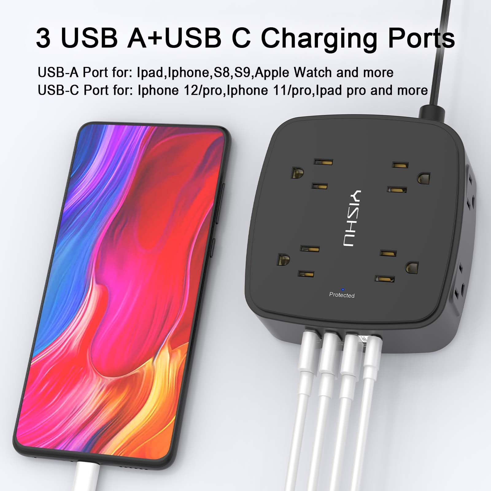 6 Ft Surge Protector Power Strip - 8 Widely Outlets with 4 USB Ports, 3 Side Outlet Extender with 6 Feet Extension Cord, Flat Plug, Wall Mount, Desk USB Charging Station, ETL,White