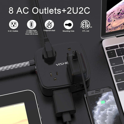 6 Ft Surge Protector Power Strip - 8 Widely Outlets with 4 USB Ports, 3 Side Outlet Extender with 6 Feet Extension Cord, Flat Plug, Wall Mount, Desk USB Charging Station, ETL,White