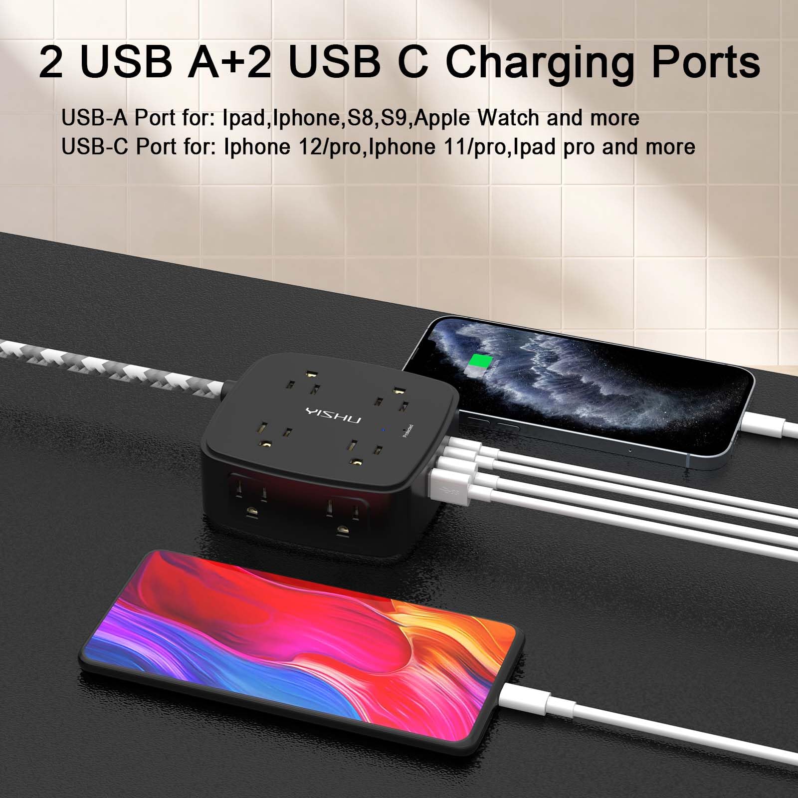 6 Ft Surge Protector Power Strip - 8 Widely Outlets with 4 USB Ports, 3 Side Outlet Extender with 6 Feet Extension Cord, Flat Plug, Wall Mount, Desk USB Charging Station, ETL,White