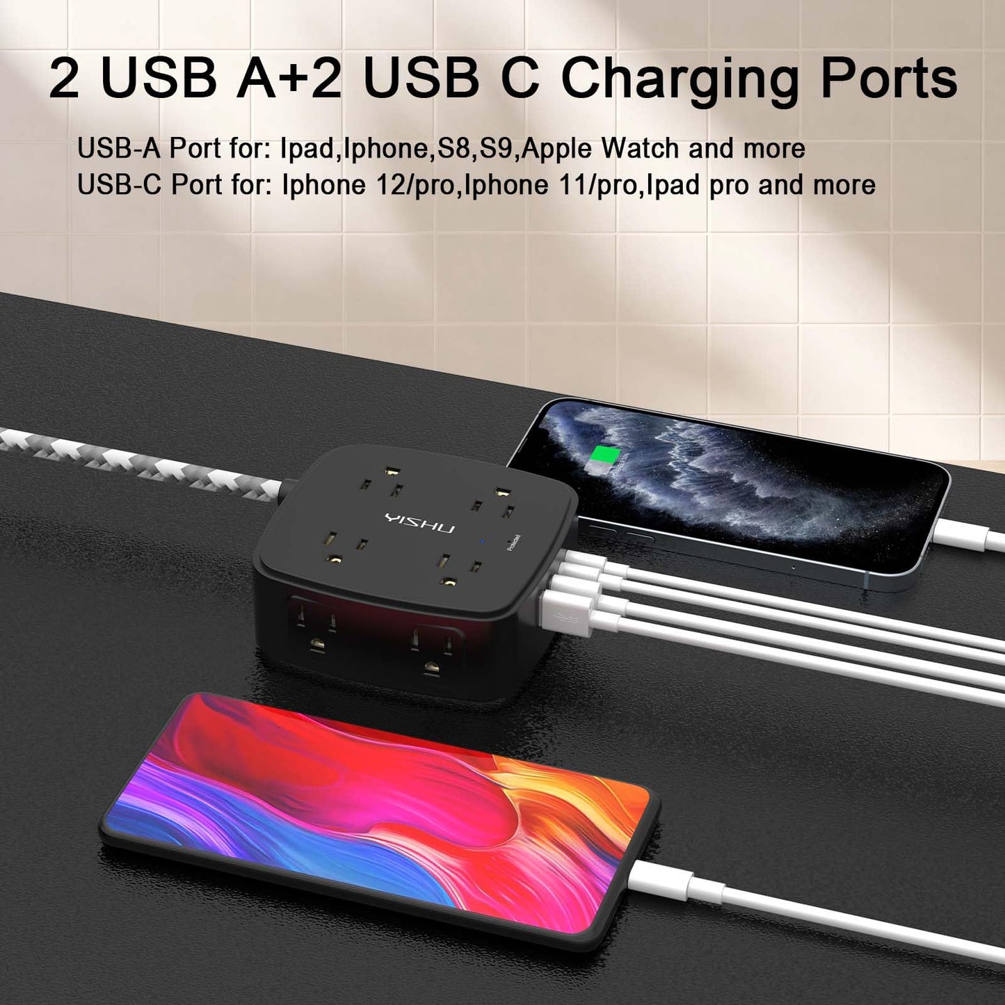 6 Ft Surge Protector Power Strip - 8 Widely Outlets with 4 USB Ports, 3 Side Outlet Extender with 6 Feet Extension Cord, Flat Plug, Wall Mount, Desk USB Charging Station, ETL,White
