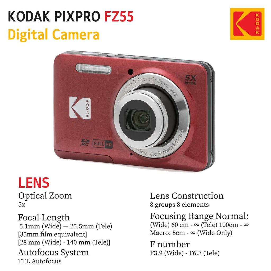 KODAK PIXPRO FZ55 16MP Digital Point & Shoot Camera, 5X Optical Zoom, 28mm Wide Angle, 1080P Full HD Video, Bundle with 32GB SD Card, Protective Case, and Hi-Speed Card Reader (Black)