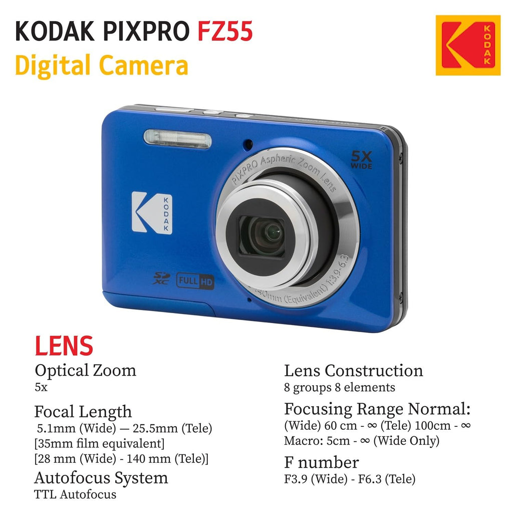 KODAK PIXPRO FZ55 16MP Digital Point & Shoot Camera, 5X Optical Zoom, 28mm Wide Angle, 1080P Full HD Video, Bundle with 32GB SD Card, Protective Case, and Hi-Speed Card Reader (Black)
