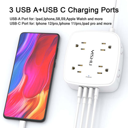 6 Ft Surge Protector Power Strip - 8 Widely Outlets with 4 USB Ports, 3 Side Outlet Extender with 6 Feet Extension Cord, Flat Plug, Wall Mount, Desk USB Charging Station, ETL,White