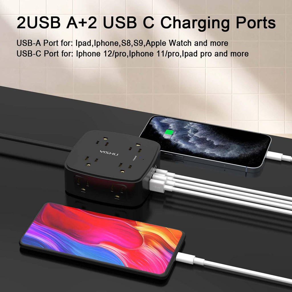 6 Ft Surge Protector Power Strip - 8 Widely Outlets with 4 USB Ports, 3 Side Outlet Extender with 6 Feet Extension Cord, Flat Plug, Wall Mount, Desk USB Charging Station, ETL,White