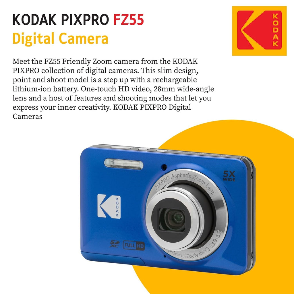 KODAK PIXPRO FZ55 16MP Digital Point & Shoot Camera, 5X Optical Zoom, 28mm Wide Angle, 1080P Full HD Video, Bundle with 32GB SD Card, Protective Case, and Hi-Speed Card Reader (Black)
