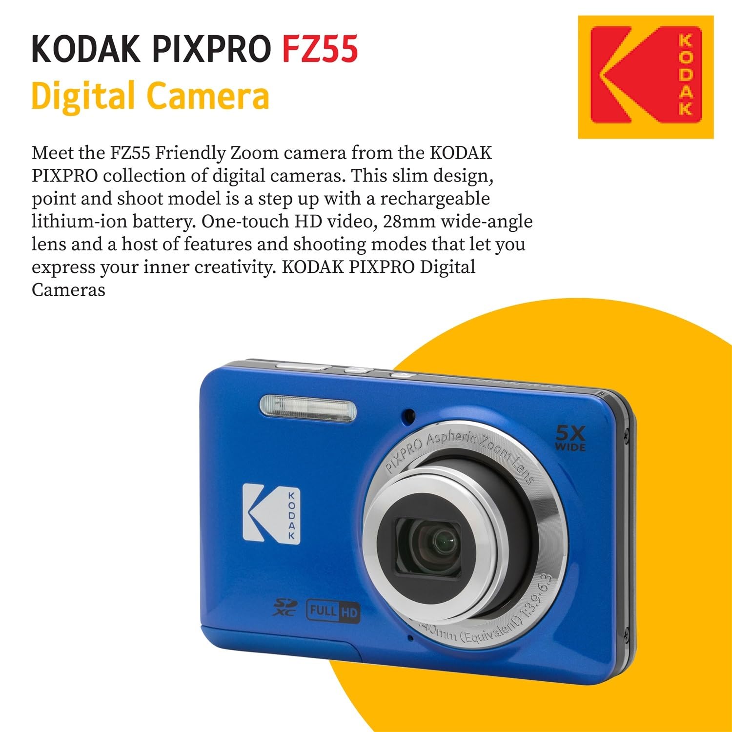 KODAK PIXPRO FZ55 16MP Digital Point & Shoot Camera, 5X Optical Zoom, 28mm Wide Angle, 1080P Full HD Video, Bundle with 32GB SD Card, Protective Case, and Hi-Speed Card Reader (Black)