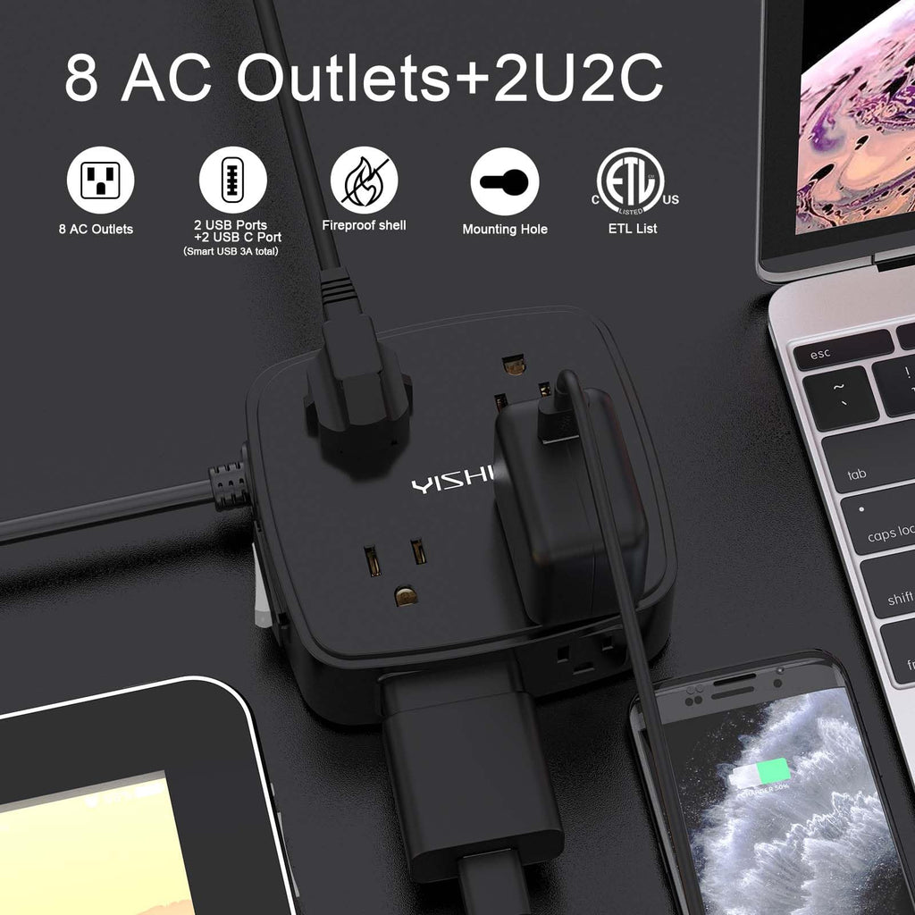 6 Ft Surge Protector Power Strip - 8 Widely Outlets with 4 USB Ports, 3 Side Outlet Extender with 6 Feet Extension Cord, Flat Plug, Wall Mount, Desk USB Charging Station, ETL,White