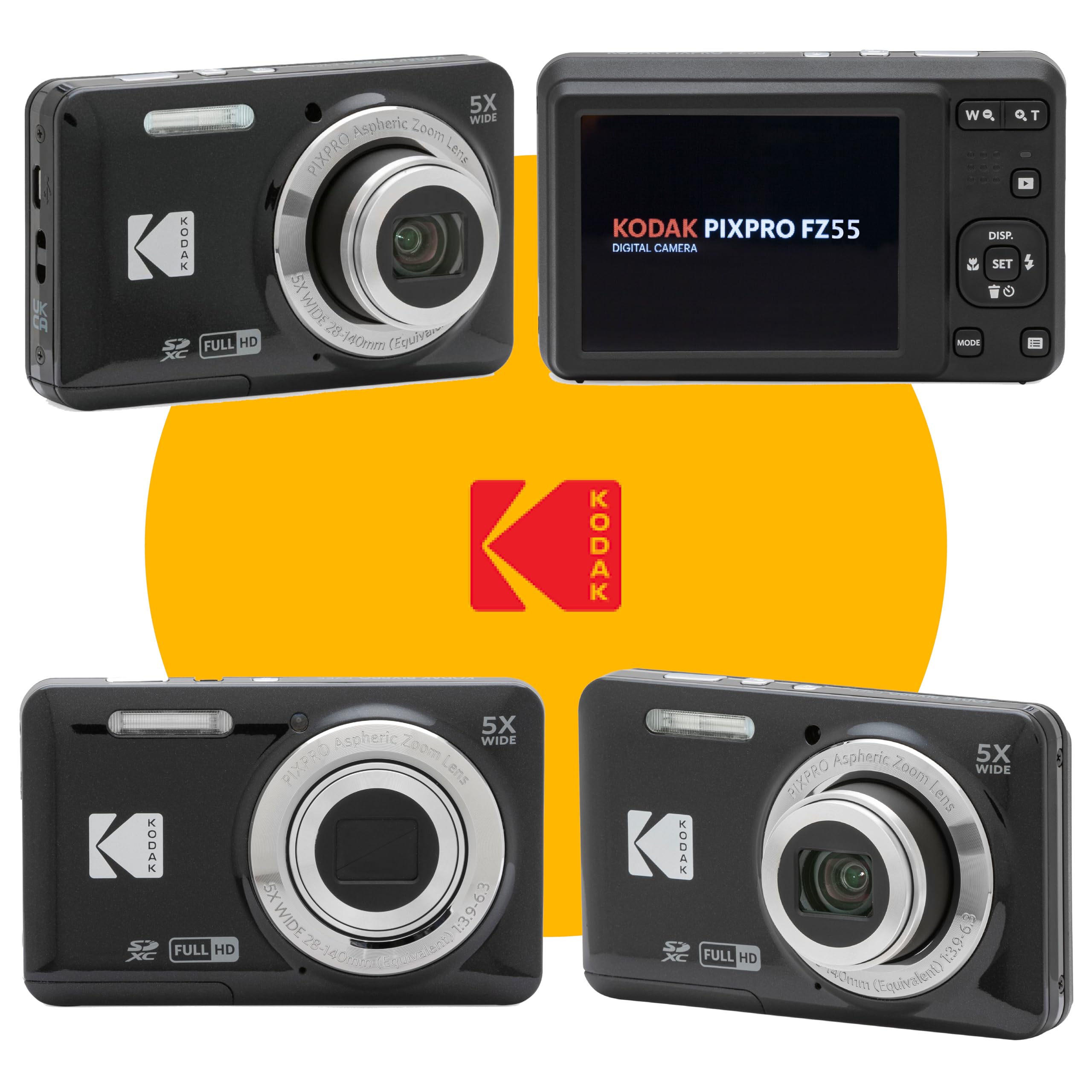 KODAK PIXPRO FZ55 16MP Digital Point & Shoot Camera, 5X Optical Zoom, 28mm Wide Angle, 1080P Full HD Video, Bundle with 32GB SD Card, Protective Case, and Hi-Speed Card Reader (Black)