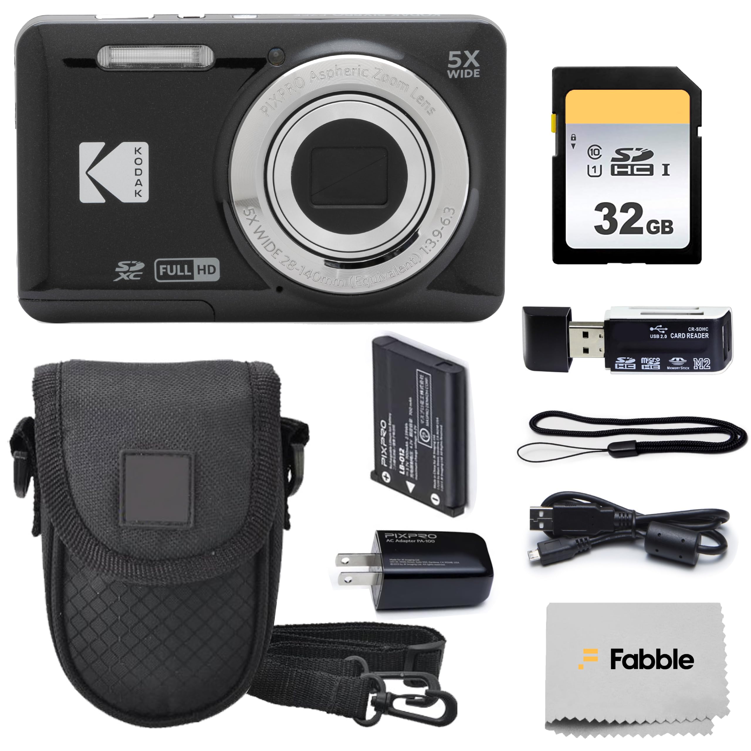 KODAK PIXPRO FZ55 16MP Digital Point & Shoot Camera, 5X Optical Zoom, 28mm Wide Angle, 1080P Full HD Video, Bundle with 32GB SD Card, Protective Case, and Hi-Speed Card Reader (Black)