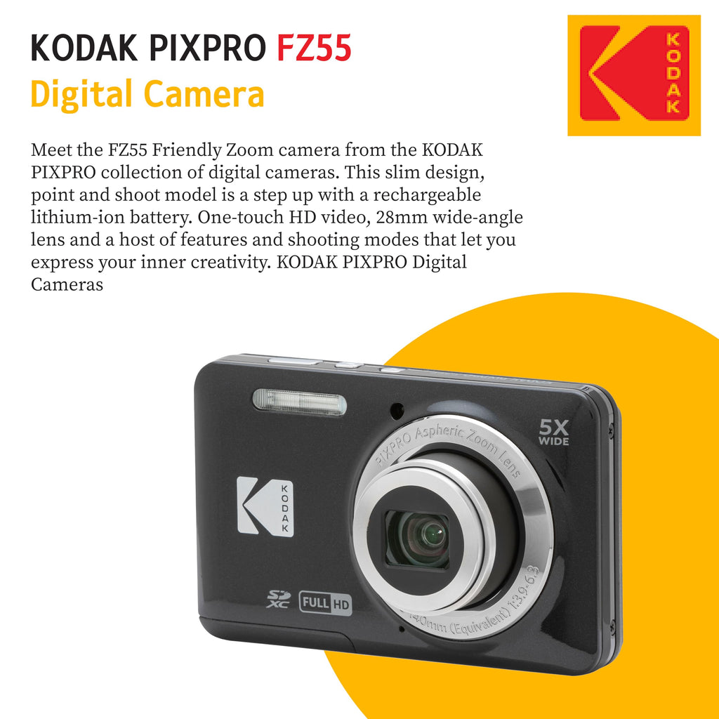 KODAK PIXPRO FZ55 16MP Digital Point & Shoot Camera, 5X Optical Zoom, 28mm Wide Angle, 1080P Full HD Video, Bundle with 32GB SD Card, Protective Case, and Hi-Speed Card Reader (Black)