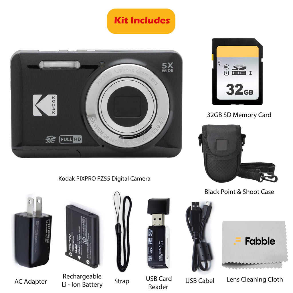 KODAK PIXPRO FZ55 16MP Digital Point & Shoot Camera, 5X Optical Zoom, 28mm Wide Angle, 1080P Full HD Video, Bundle with 32GB SD Card, Protective Case, and Hi-Speed Card Reader (Black)