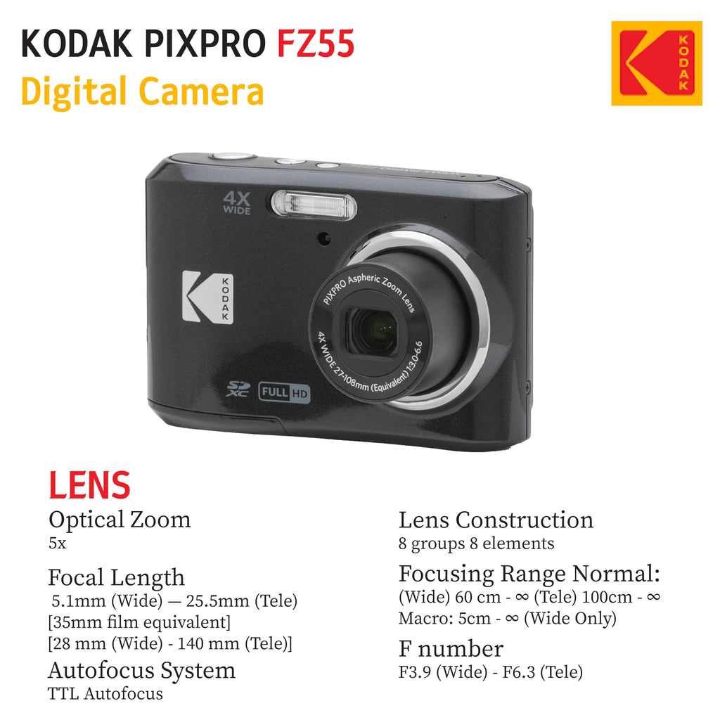 KODAK PIXPRO FZ55 16MP Digital Point & Shoot Camera, 5X Optical Zoom, 28mm Wide Angle, 1080P Full HD Video, Bundle with 32GB SD Card, Protective Case, and Hi-Speed Card Reader (Black)