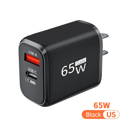 PD 65W GaN 2 In 1 EU/US Plug USB Charger Dual Ports USB Type C Fast Charging Wall Charger Portable Quick Charging Power Adapter