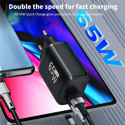 PD 65W GaN 2 In 1 EU/US Plug USB Charger Dual Ports USB Type C Fast Charging Wall Charger Portable Quick Charging Power Adapter
